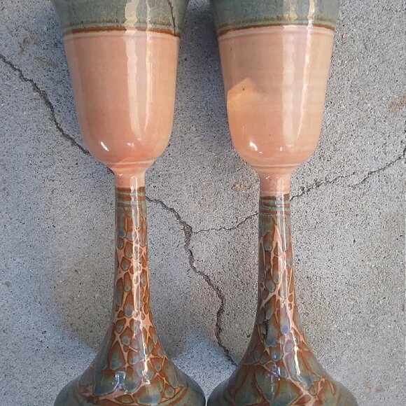 Gorgeous pair of Tall, Slender Hand Thrown and Glazed Stoneware Goblets - Picture 12 of 13